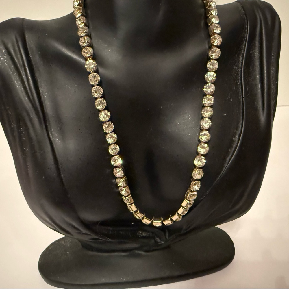VINTAGE NECKLACE RHINESTONE ROUNDS GOLD PRONG SET CHOKER 16”